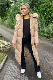 Beige Long Coat with a faux fur hood