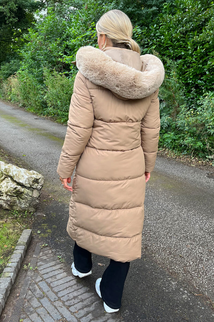 Beige Long Coat with a faux fur hood