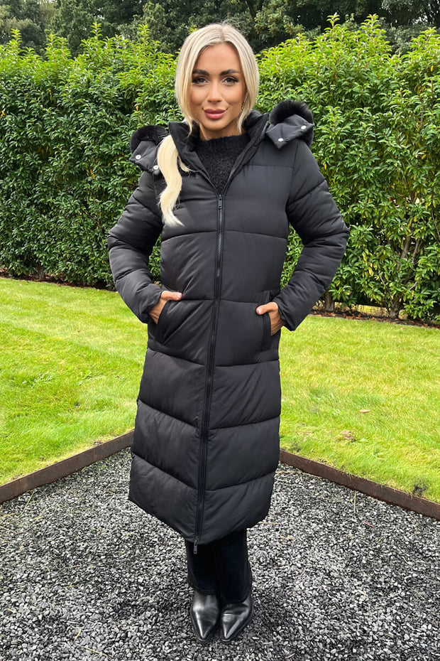 Black Longline Coat with Faux Fur Hood