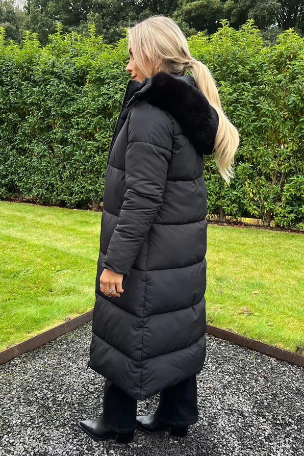 Black Longline Coat with Faux Fur Hood