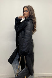 AX Paris Black Longline Faux Shearling Coat