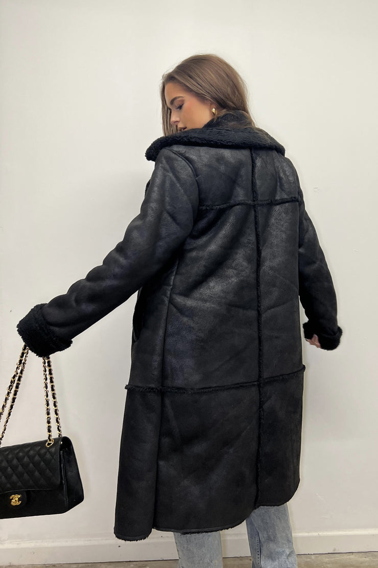 AX Paris Black Longline Faux Shearling Coat