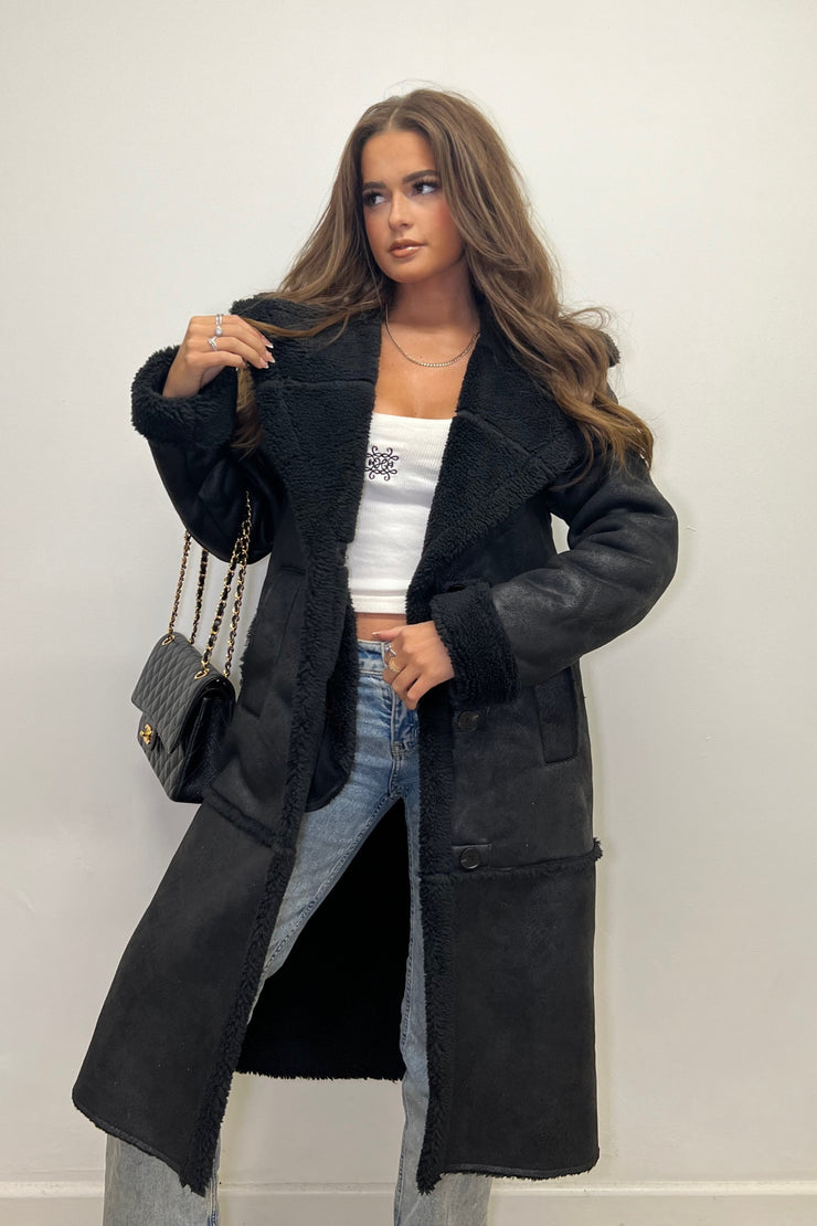 AX Paris Black Longline Faux Shearling Coat