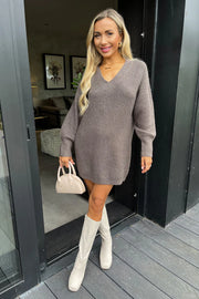 Grey V-Neck Long-Sleeved Jumper Dress