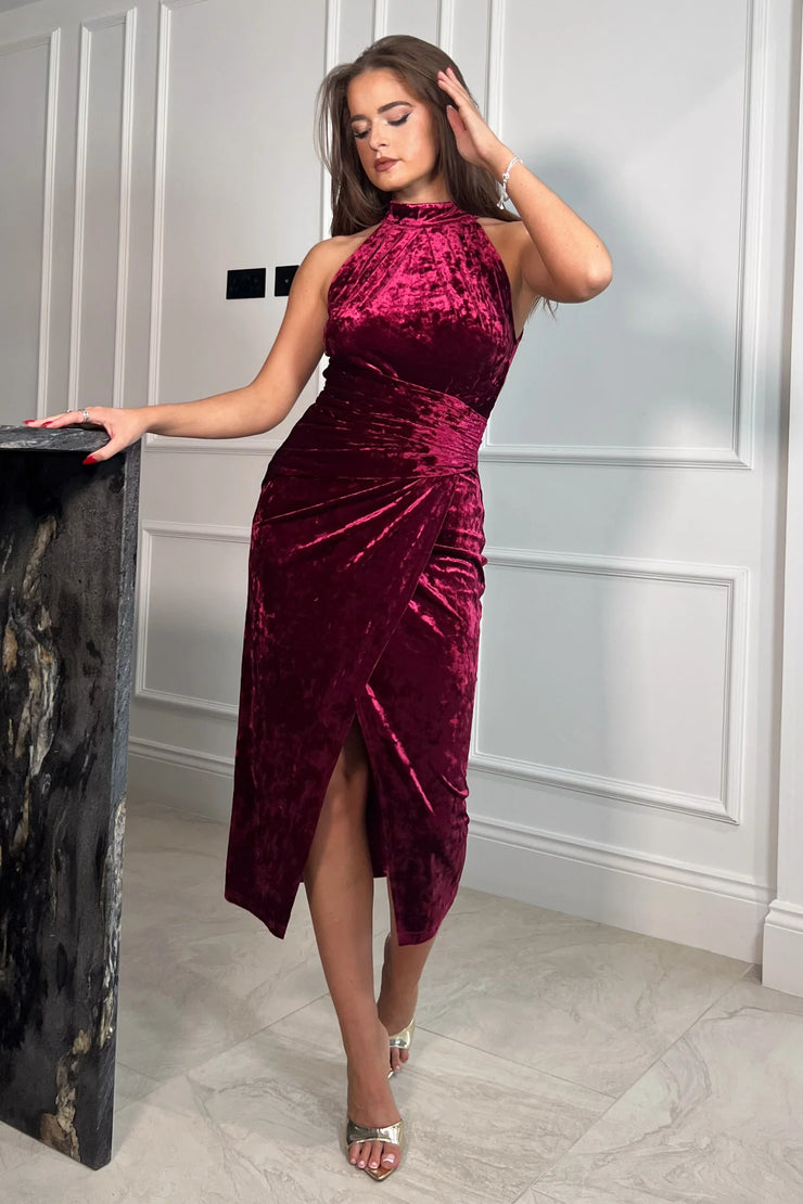 Girl in Mind Alessia Velvet Halter Neck Midi Dress in Wine