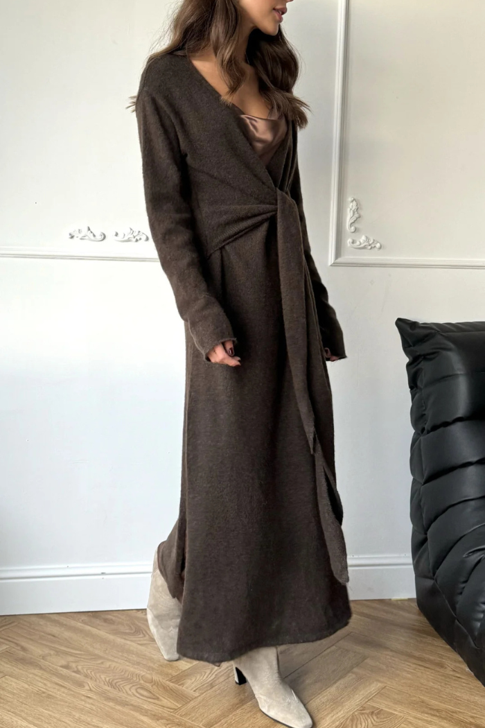 Chocolate brown knitted maxi wrap dress