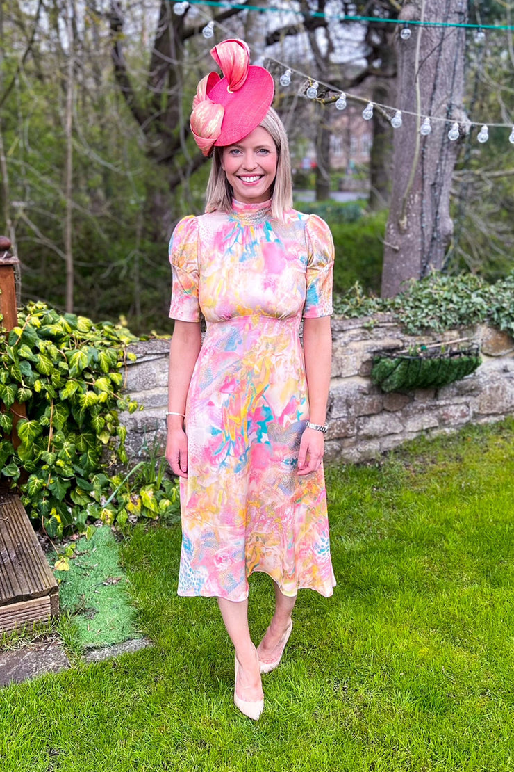 Closet London Multi Pink Print High Neck A-Line Midi Dress