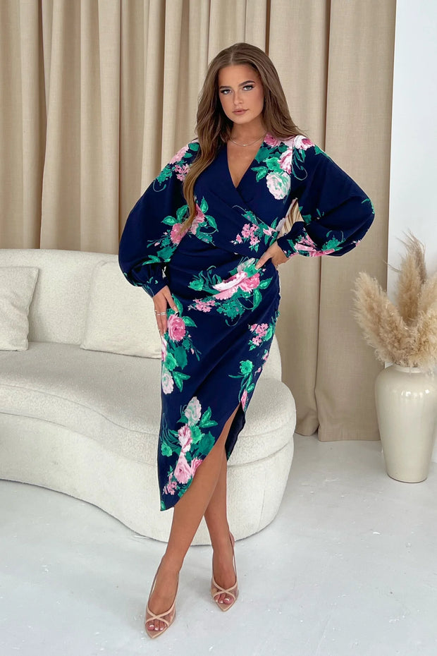 Girl in Mind Elsa Navy and Pink Floral Wrap Asymmetric Dress