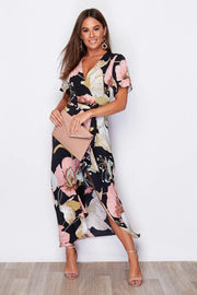 Girl in Mind Farren Split Hem Frill Detail Wrap Maxi Dress in Blush Flower Print