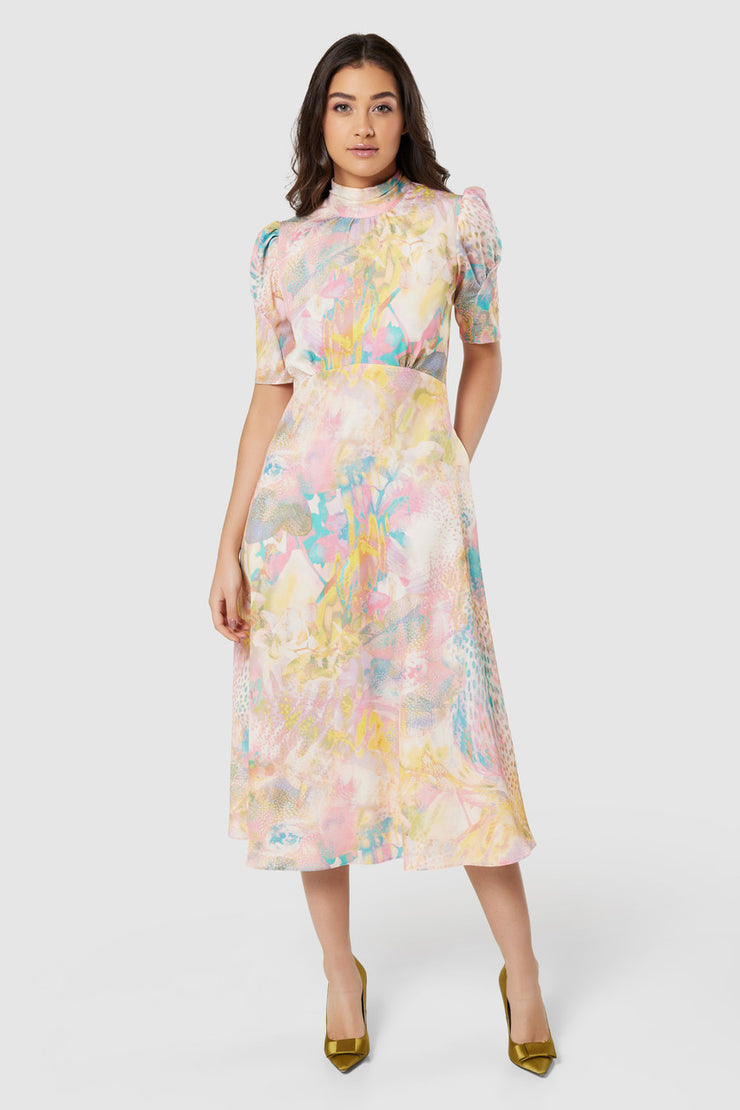 Closet London Multi Pink Print High Neck A-Line Midi Dress