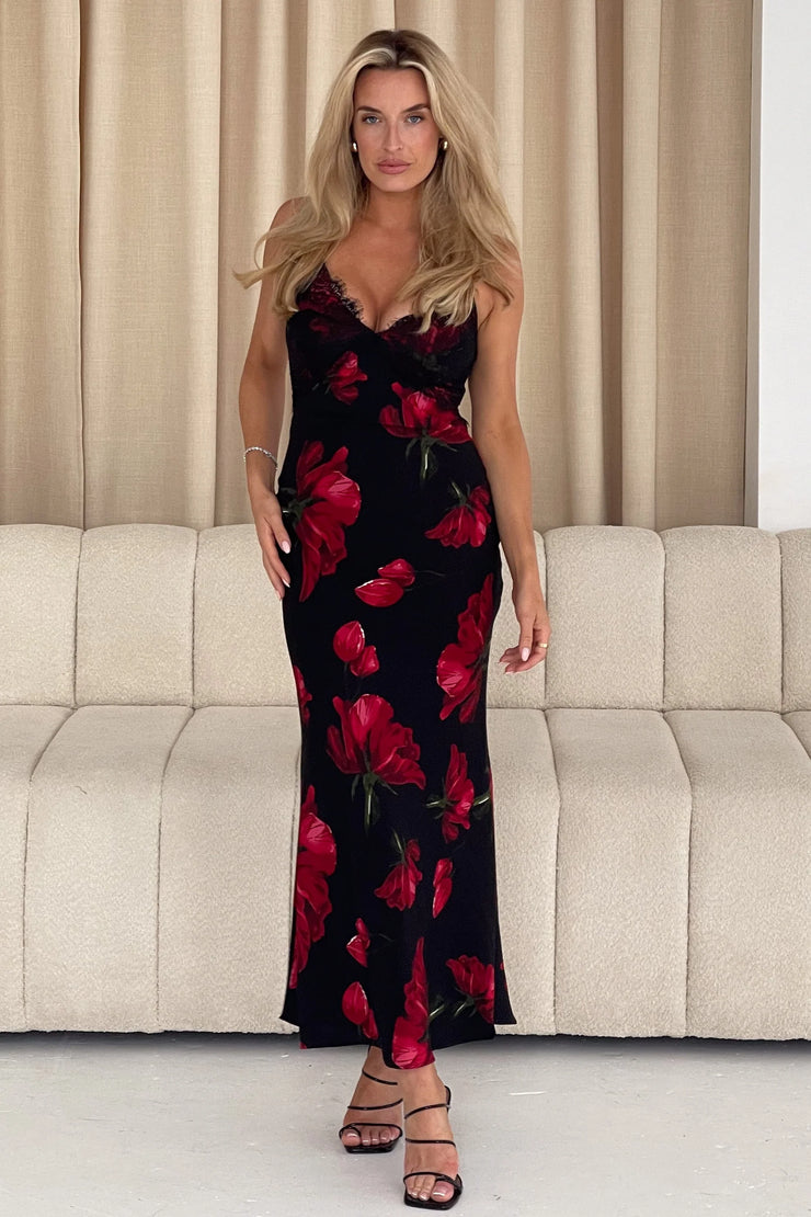 Girl In Mind Anne Red Floral Slip Dress With Black Lace