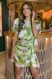 AX Paris Green Floral Print Short Puff Sleeve Gathered Side Mini Dress