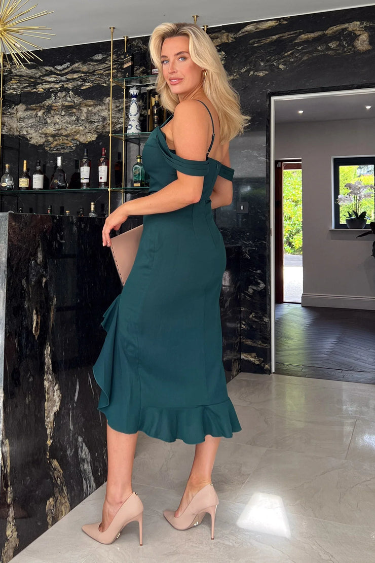 Girl in Mind Kamilla Green Asymmetric Off Shoulder Midi Dress