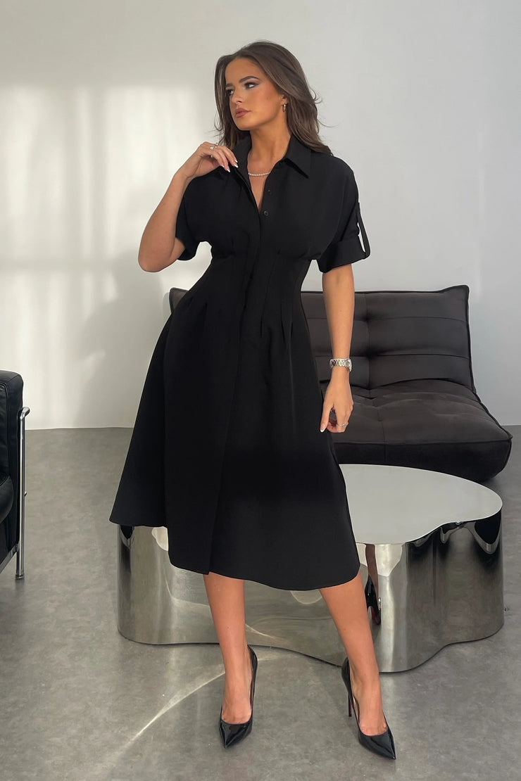 Girl in Mind Porscha Black Pleated Midi Shirt Dress