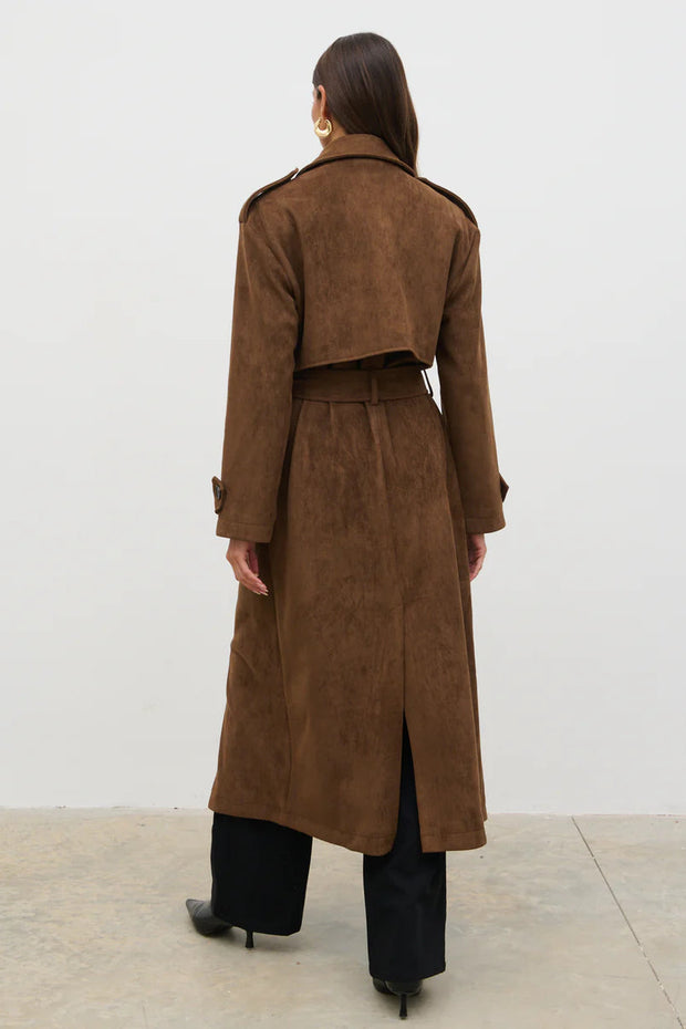 brown faux suede tench coat