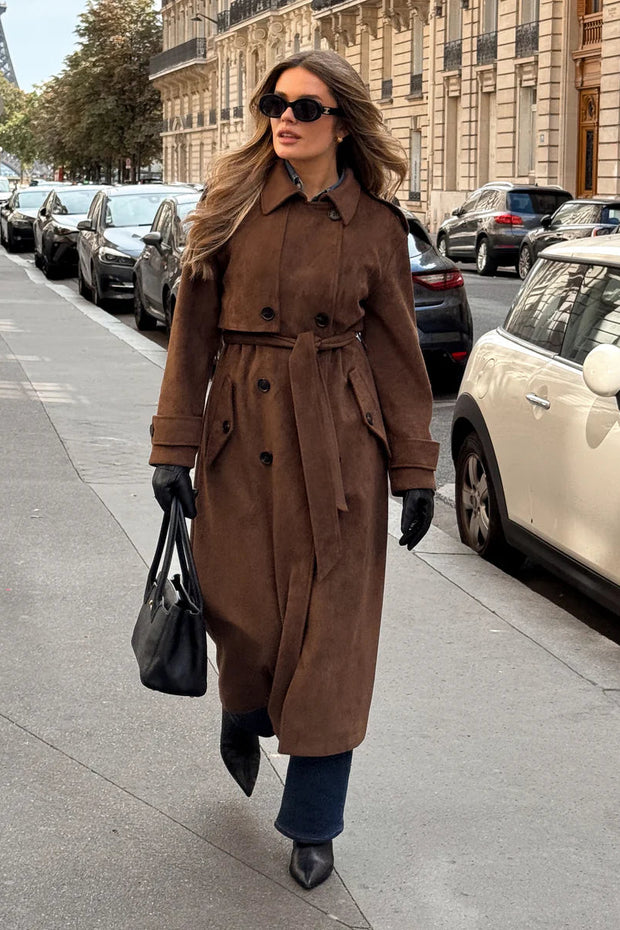 Brown Faux Suede Trench Coat