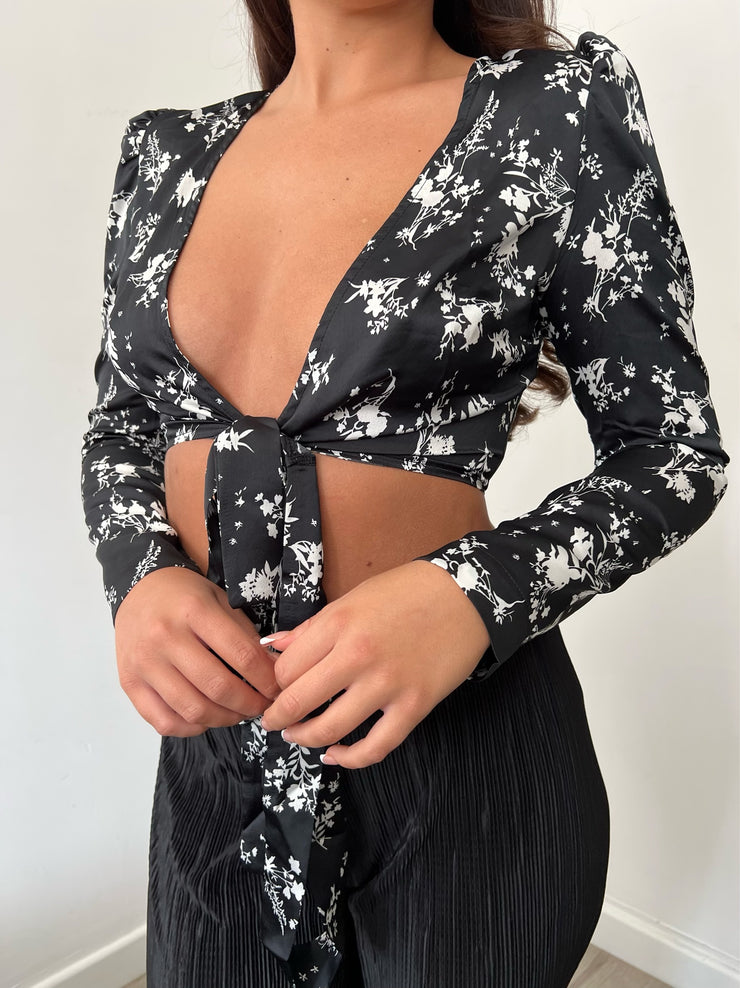 Urban Bliss Mono Black Floral Satin Wrap Top