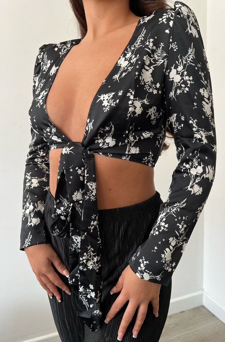 Urban Bliss Mono Black Floral Satin Wrap Top