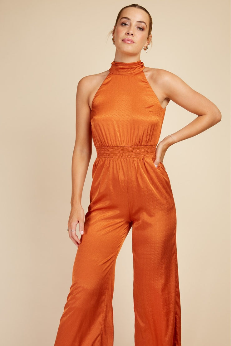 Little Mistress Copper Satin High Neck Jumpsuit