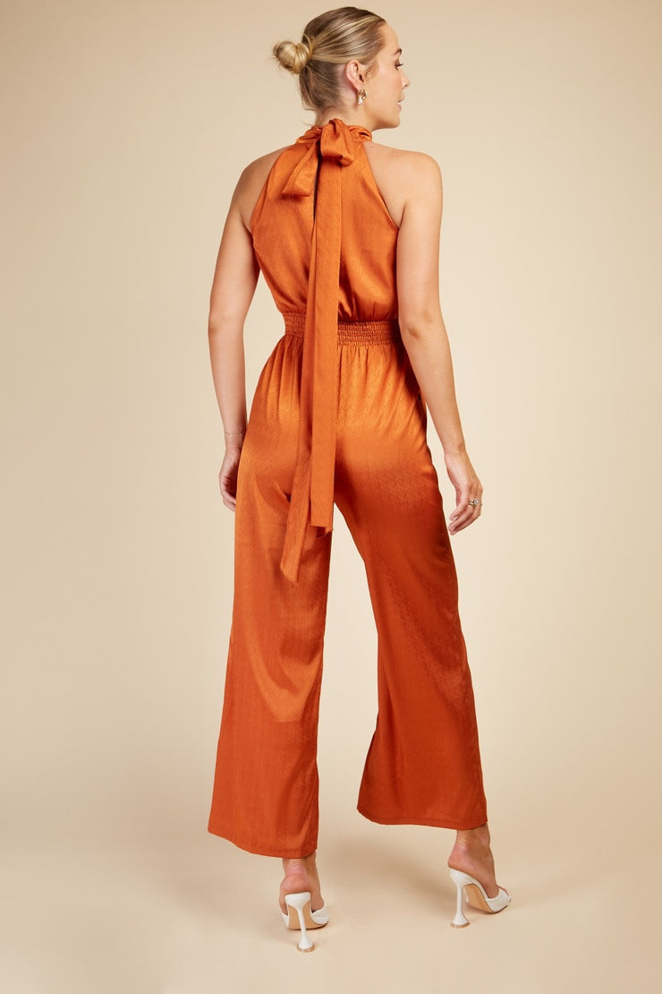 Little Mistress Copper Satin High Neck Jumpsuit