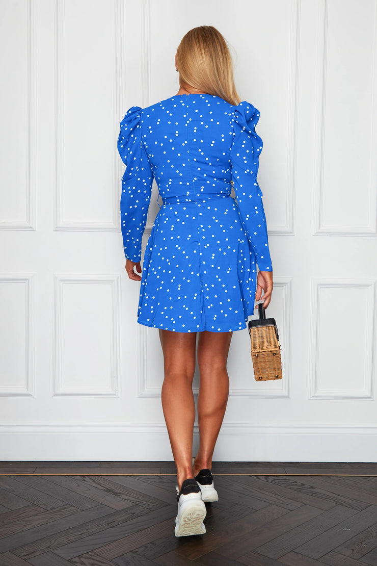 Girl In Mind Rosalee Long Sleeve Skater Dress Blue Polka